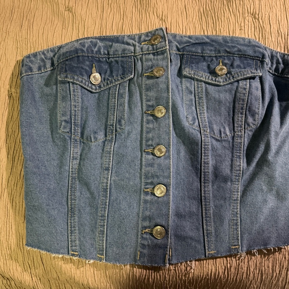 Denim Button-Up Strapless Top